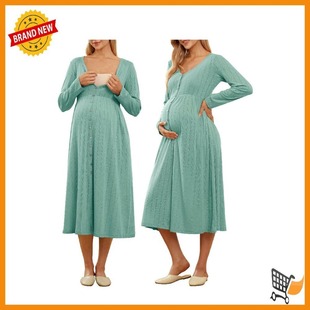 Cotton Blend Maternity Nursing Nightgown with Pockets Button Down